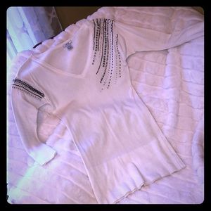 Cache white embellished qtr sleeve sweater